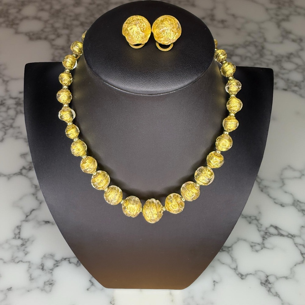 Vintage Italian Gold Foil Glass Bead Necklace & Clip-On Earring Set